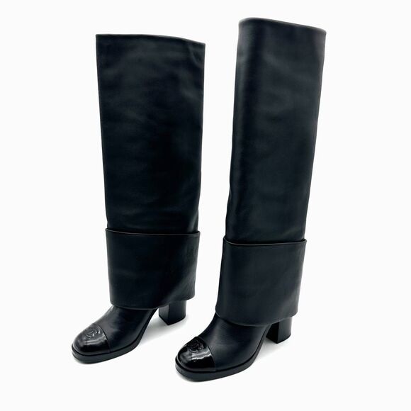 CHANEL Black CC Logo Tall Heeled Boots Size 37 Cap Toe Leather Fold Over - Picture 1 of 10